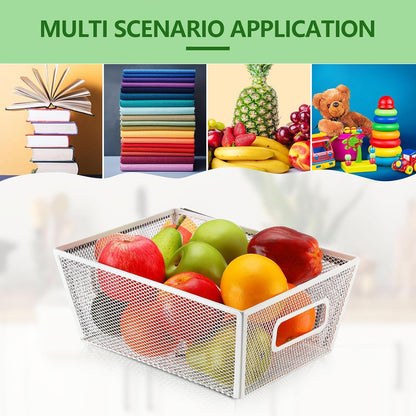 Maxdot 4 Pcs Wire Storage Basket with Handle Metal Baskets Wire Mesh Pantry Organizers for Cabinet Kitchen, Laundry, Bathroom Makeup Snacks Containers(White)