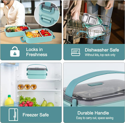 Stainless Steel Bento Box for Adults&Kids,Japanese Leakproof Lunch Box Divided Food Meal Storage Containers Set Stackable 2 Layer for Children School Picnic Beige