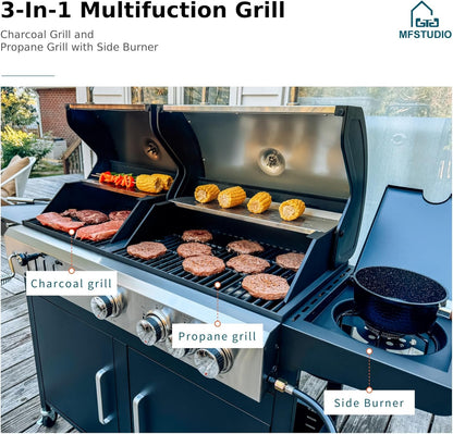 MFSTUDIO 5 Burner Gas Grill Griddle Combo with Porcelain-Enameled Cast Iron Grates,Cutting Board and Double Lids, Duel-Function Propane BBQ Grills with Flat Top Grddle for Outdoor Barbecue Cooking