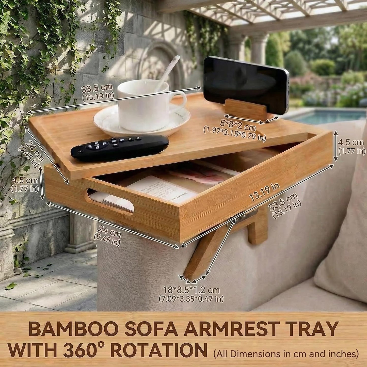 Premium Bamboo Sofa Arm Tray with 360° Swivel Lid & Phone Holder | 3-in-1 Couch Armrest Table with Hidden Storage for Drinks, Snacks, Remote (lid)