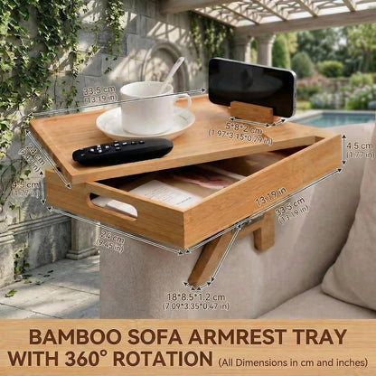 Premium Bamboo Sofa Arm Tray with 360° Swivel Lid & Phone Holder | 3-in-1 Couch Armrest Table with Hidden Storage for Drinks, Snacks, Remote (lid)