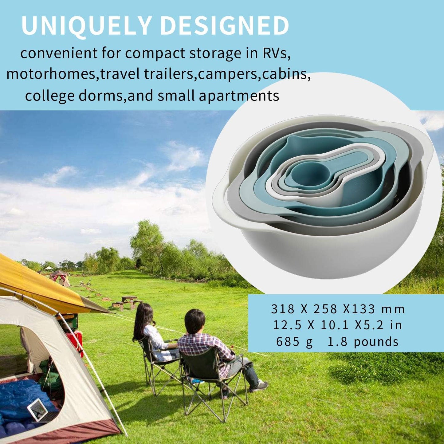 13 Pcs Mixing Bowls Set, RV Camping Accessories Set, Apartment Kitchen Gadget Easy Storage, Inculding Measuring Cups Colander Sifter Large Bowl Whisk Scraper, Great for Cooking and Baking, No BPA
