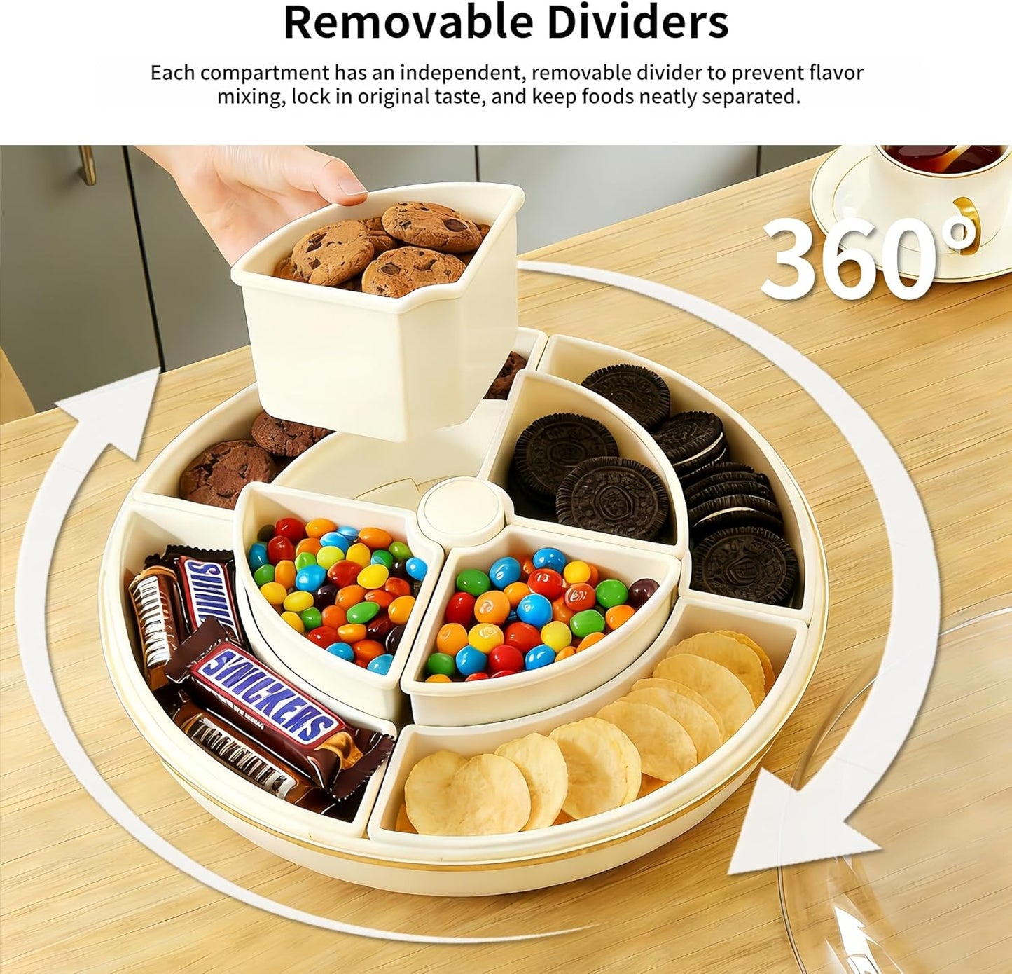 Large 8-Compartment Rotating Snack Tray with Lid, Food Grade PP Divided Serving Tray with Removable Dividers, 360° Spin for Party, Fridge Storage, Fruits & Nuts (Cream White)