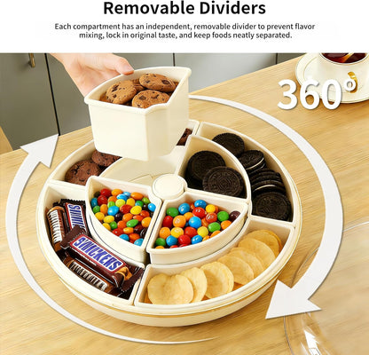 Large 8-Compartment Rotating Snack Tray with Lid, Food Grade PP Divided Serving Tray with Removable Dividers, 360° Spin for Party, Fridge Storage, Fruits & Nuts (Cream White)