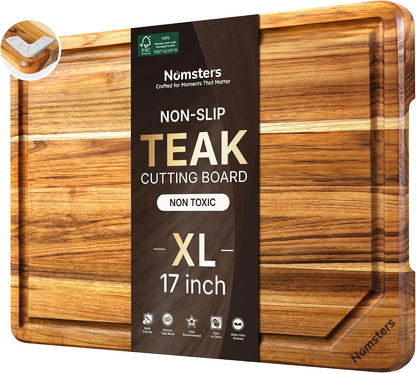 3 Pack Teak Wood Cutting Board Set for Kitchen Charcuterie Board Serving Heavy Duty Non Toxic Slip Hardwood Over Sink Solid Thick Haus Wooden Chopping Board Large Big Small Meat Best Essential Gift