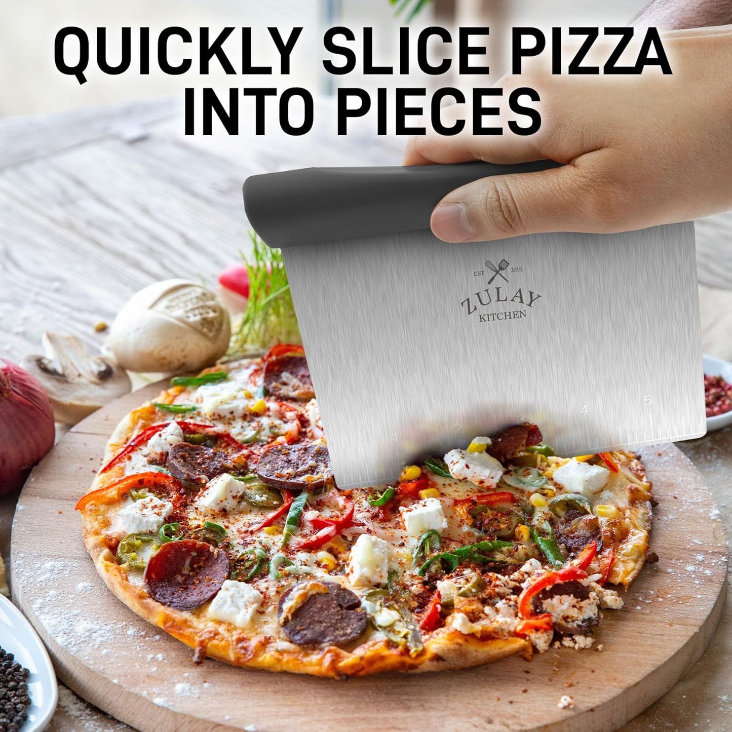 Zulay Premium Multi-purpose Stainless Steel Bench Scraper & Chopper, Easy to Read Etched Markings for Perfect Cuts, Quick & Easy Multi-use Dough Scraper, Dough Cutter & Pastry Scraper (Black)