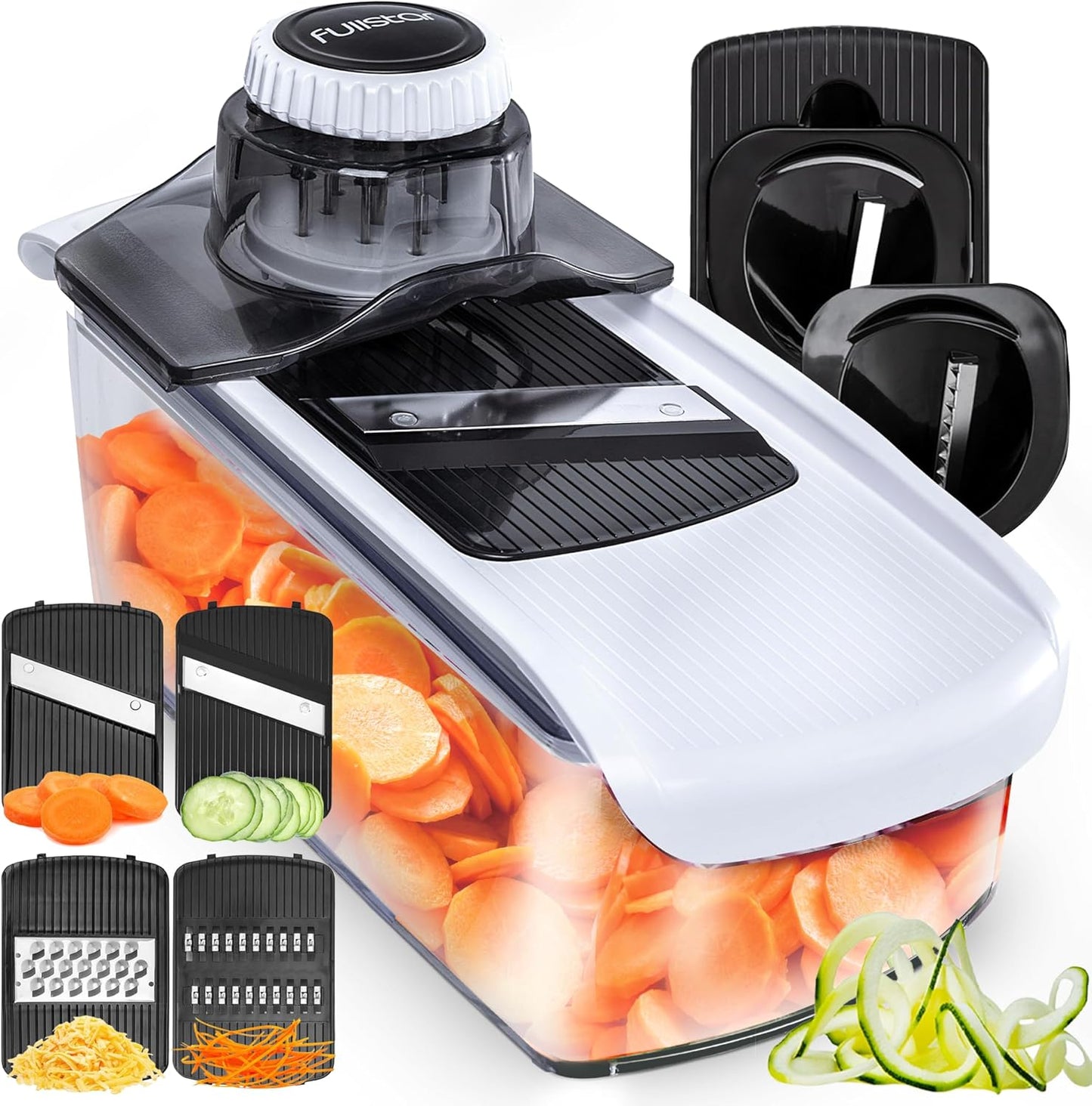 Fullstar Mandoline Slicer for Kitchen, Fruit Cutter, Cheese Grater, Cucumber Slicer, Veggie Spiralizer, Food Cutter & Kitchen Gadgets & Gifts with Safety Glove (11 in 1, White)