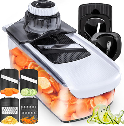 Fullstar Mandoline Slicer for Kitchen, Fruit Cutter, Cheese Grater, Cucumber Slicer, Veggie Spiralizer, Food Cutter & Kitchen Gadgets & Gifts with Safety Glove (11 in 1, White)