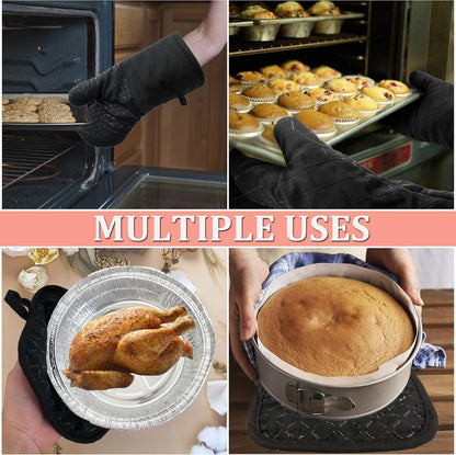 4 Pcs Oven Mitts and Pot Holders,500°F High Heat Resistant Kitchen Oven Mitts with Pot Holders,Long Oven Mitts with Recycled Cotton Infill and Silicone Non-Slip Surface for Baking and Cooking(Grey)