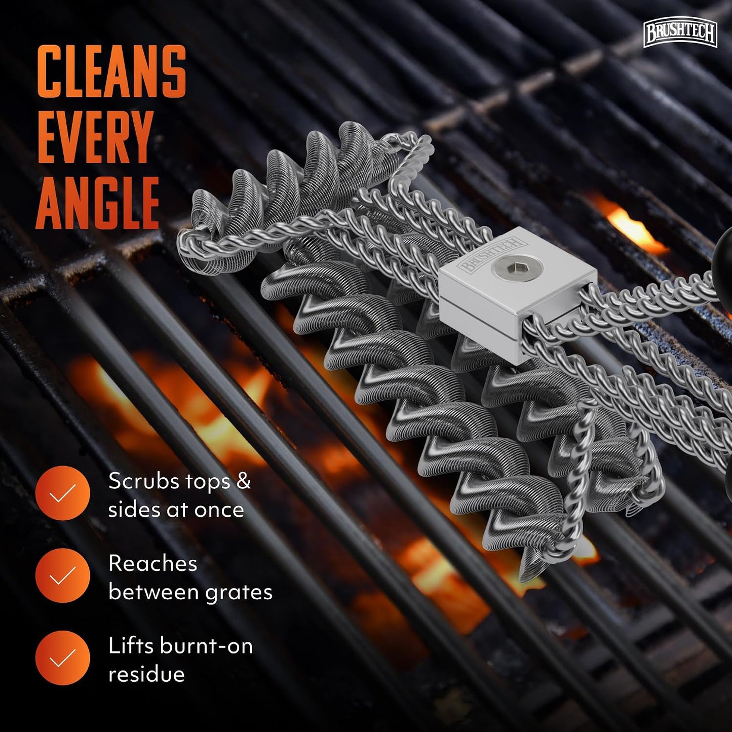 Brushtech Double Helix Grill Brush, 16″ Flat BBQ Grill Cleaner - Bristle‑Free Coil Springs Clean Tops & Sides - Stainless Steel, Long Reach Handle, Heavy‑Duty BBQ Tool for Gas & Charcoal Grates