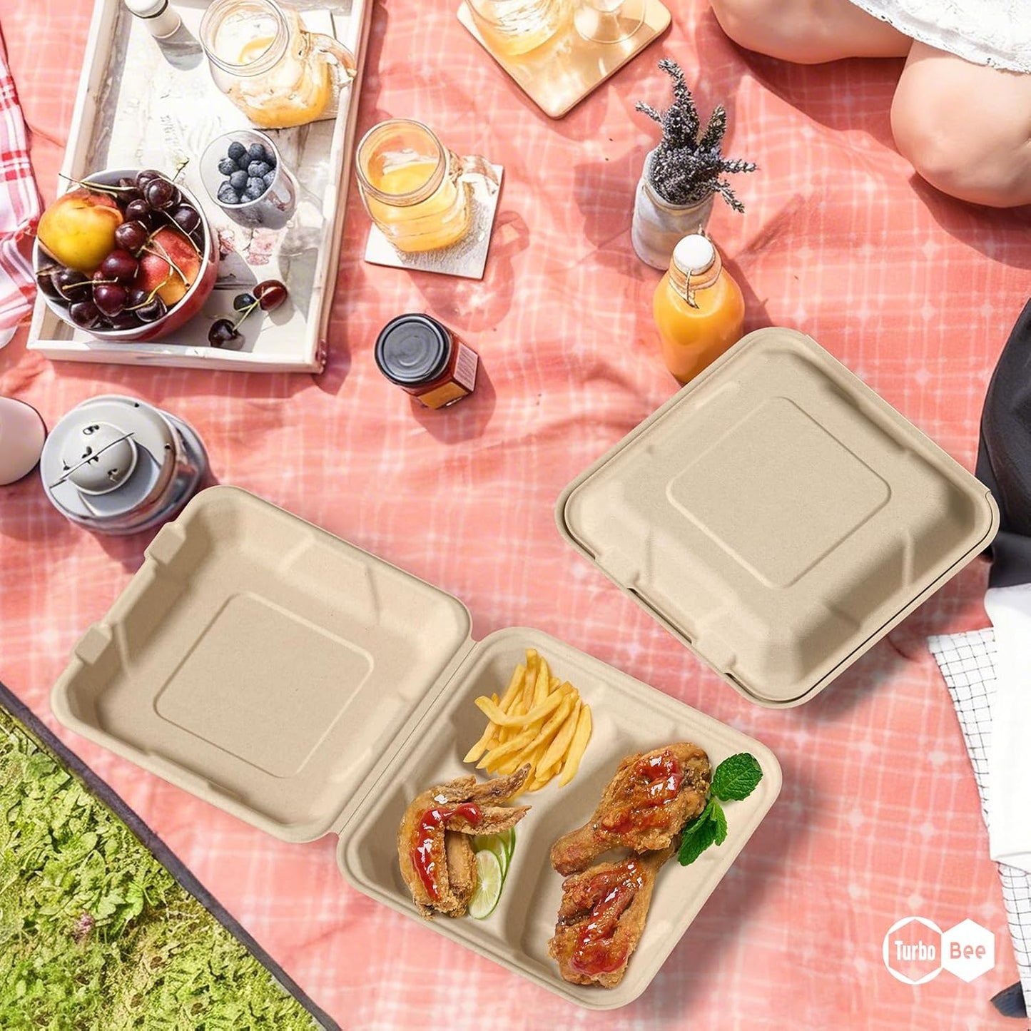 Turbo Bee 100 Pack 8x8inch White 3 Compartment Take Out Containers with Lids, Disposable Clamshell Meal Prep Containers, Divided Lunch Boxes for Catering, Restaurant & Meal Prep