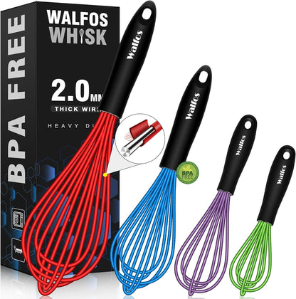 Walfos Silicone whisk,Whisks for Cooking Non Scratch, BPA Free whisk set of 4, 7+9+11in Balloon Whisks & 11in Flat Whisk, Heat Resistant(480°F).Great for Cooking in Pans, Baking, Whisking.Blue