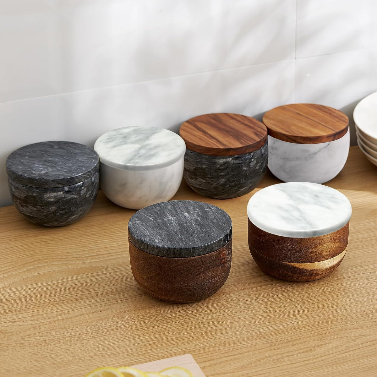 jalz jalz Acacia Wood Salt Cellar with white Marble Lid, 10oz Pinch Pot & Spoon