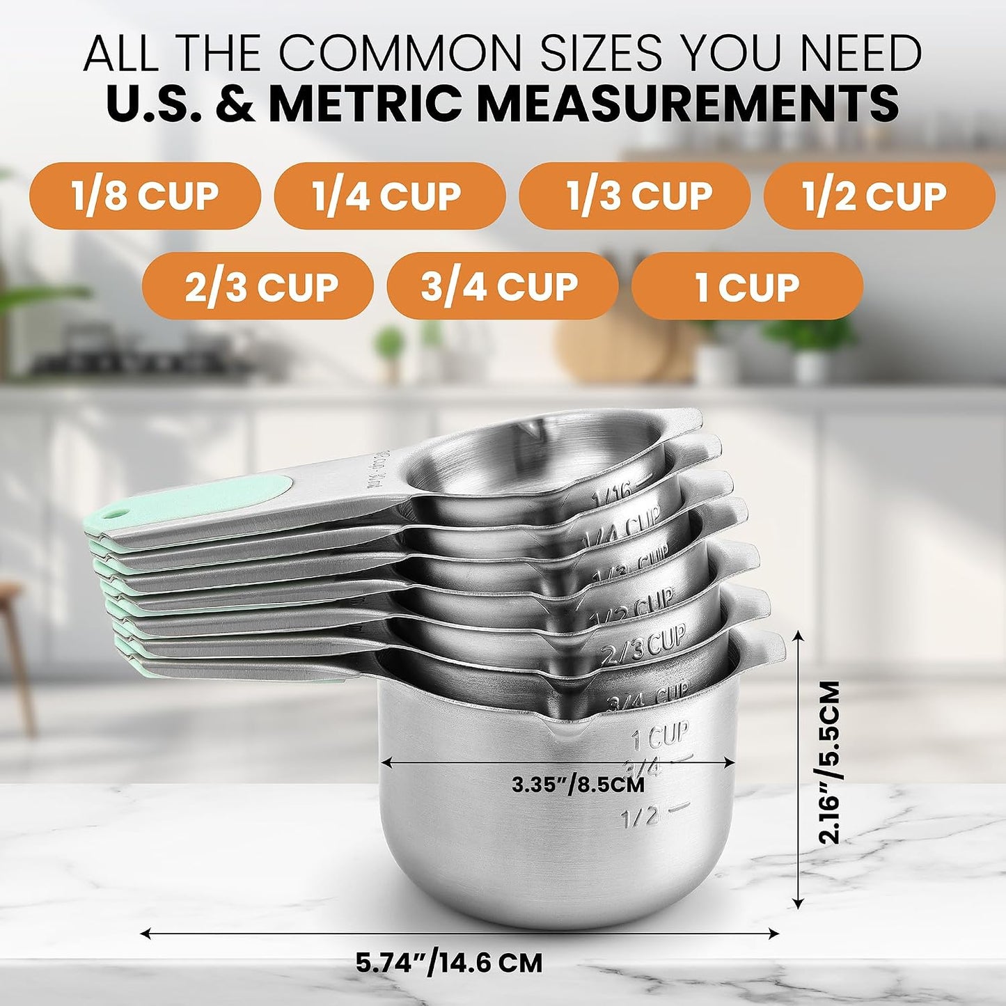 Spring Chef Stainless Steel Measuring Cups Set of 7 with Pour Spout - Nesting Kitchen Tools with Easy Read Markings to Measure Dry or Liquid Ingredients - Metal Measuring Cups for Baking & Cooking