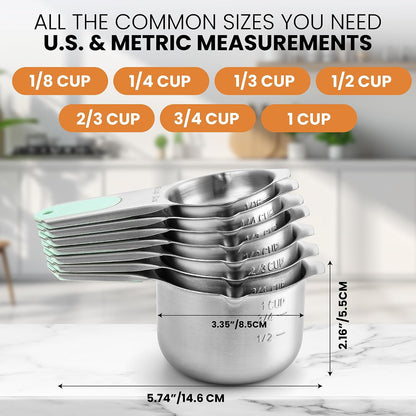 Spring Chef Stainless Steel Measuring Cups Set of 7 with Pour Spout - Nesting Kitchen Tools with Easy Read Markings to Measure Dry or Liquid Ingredients - Metal Measuring Cups for Baking & Cooking