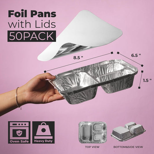 Fit Meal Prep 50 Pack 3 Compartment 8.5 x 6.5 x 1.5 Rectangular Disposable Aluminum Foil Pan Take Out Food Containers with Flat Board Lids, Hot Cold Freezer Oven Safe