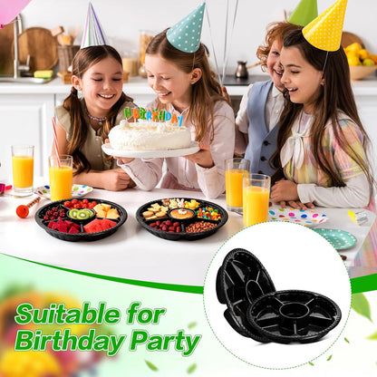 10 Pcs Round Plastic Appetizer Tray with Lid Divided Serving Tray Disposable Food Storage Trays Containers Plastic Tray Storage Snack Fruit Vegetable Trays for Party (black, 13.7 x 13.7 x 2 Inch)
