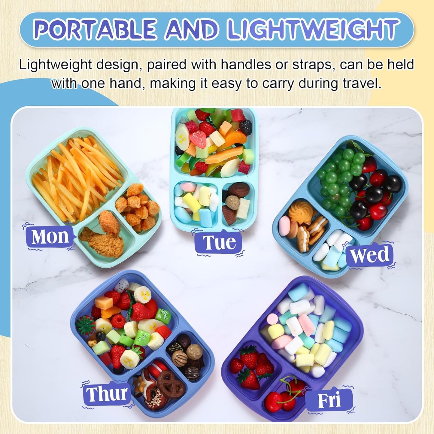 Honeydak 5 Pack Snack Containers 3 Compartment Bento Snack Boxes Divided Meal Prep Containers with Lids Reusable Adults Lunch Food Storage Box for School Work Travel(Elderberry)