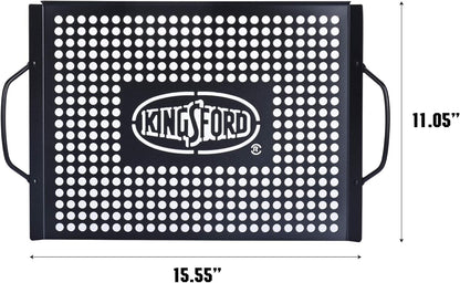 Kingsford Non-Stick Grill Topper Pan, Heavy Duty Carbon Steel BBQ Grilling Tray with Handles, Perforated Surface Helps Keep Small Foods from Falling Through Grates, 15.55 x 11.05 Inch