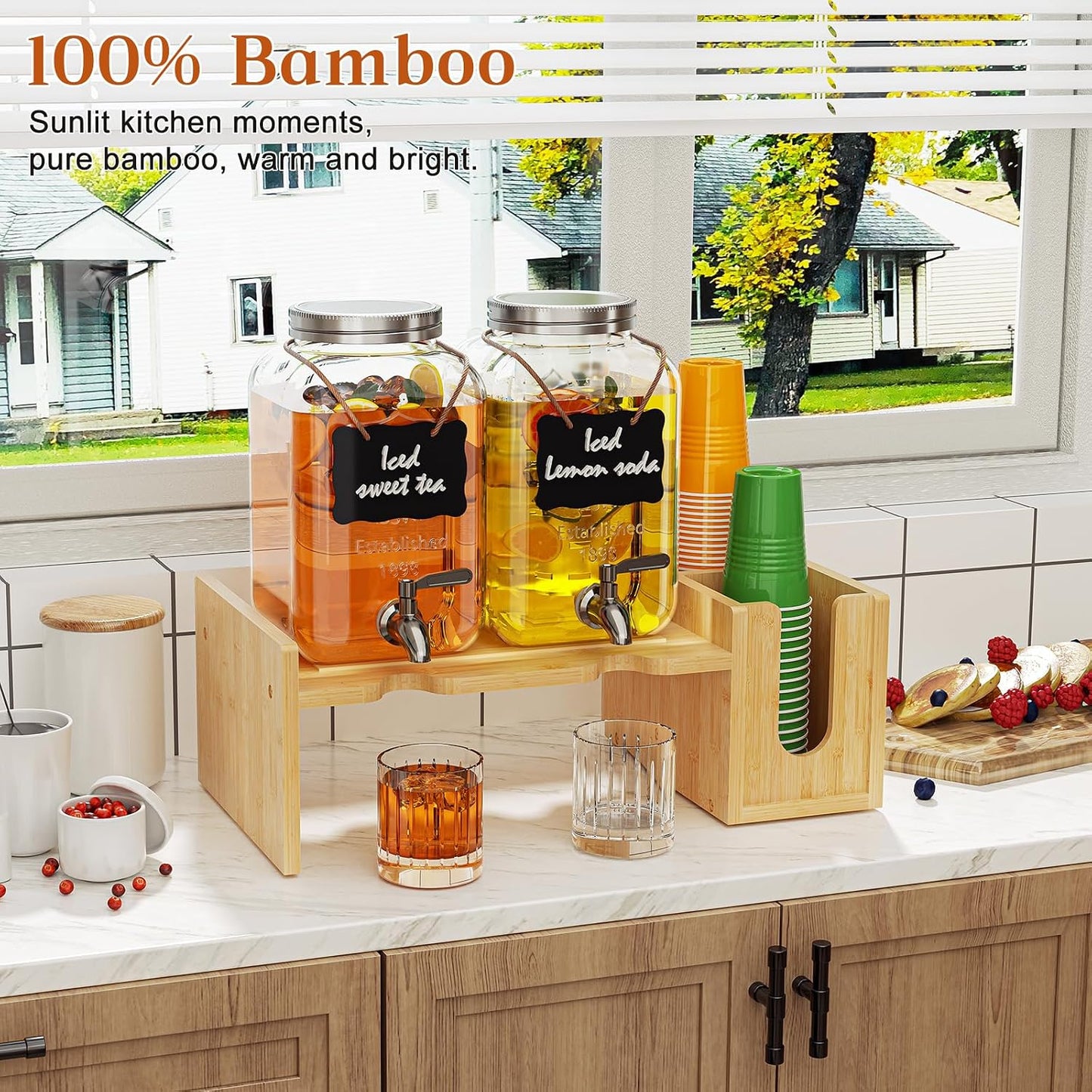 2-pack 1 Gallon Drink Dispenser,Glass Beverage Dispenser with Spigot,Lemonade dispenser Bamboo Stand for Outside, Glass Drink Dispensers for Parties with Ice Core