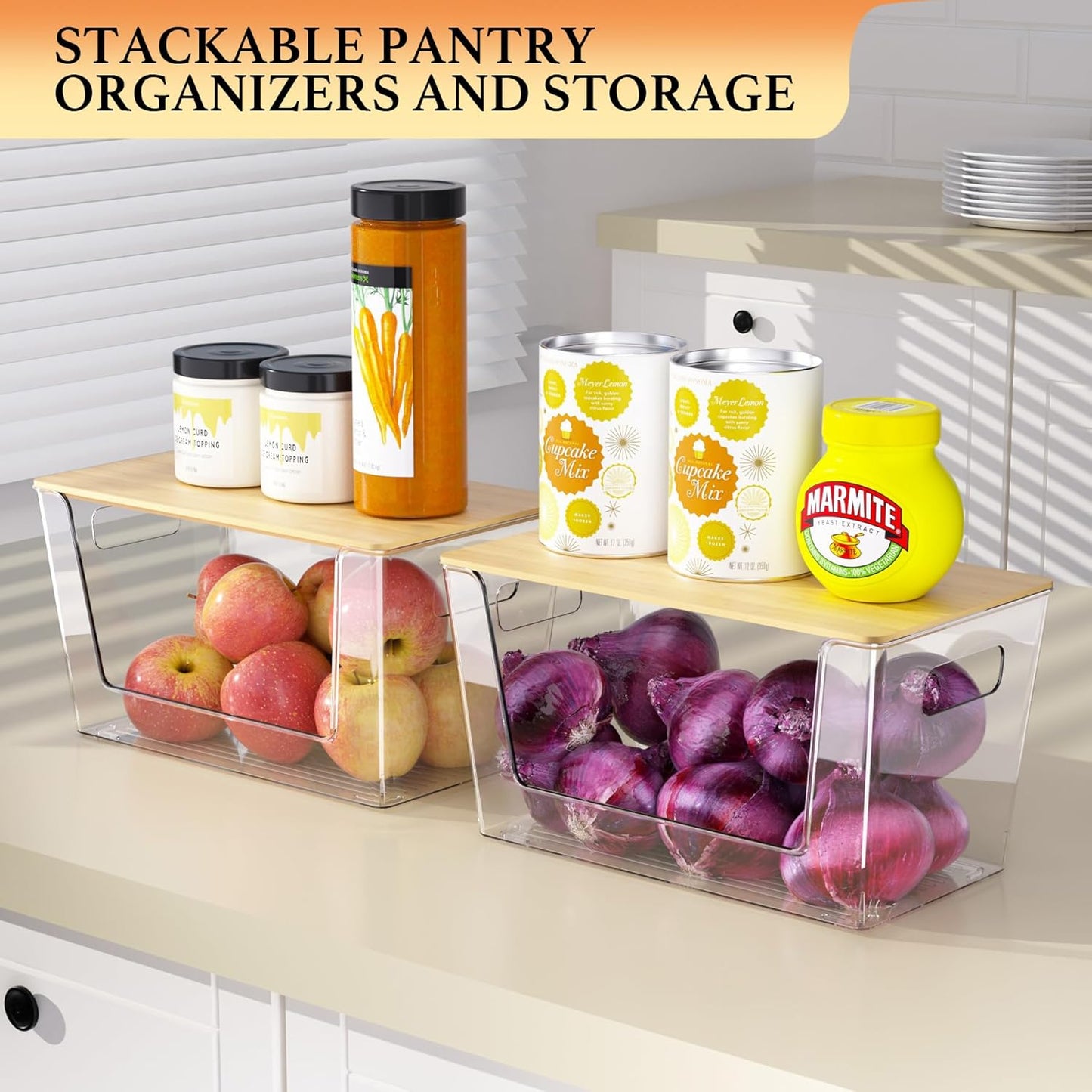 CiWiVOKi 6 Pack Clear Stackable Storage Bins with Bamboo Lids, 3.7L BPA-Free Plastic Organizer Containers with Handles, for Pantry, Kitchen, Fridge, Bathroom, Cabinet & Closet Organization