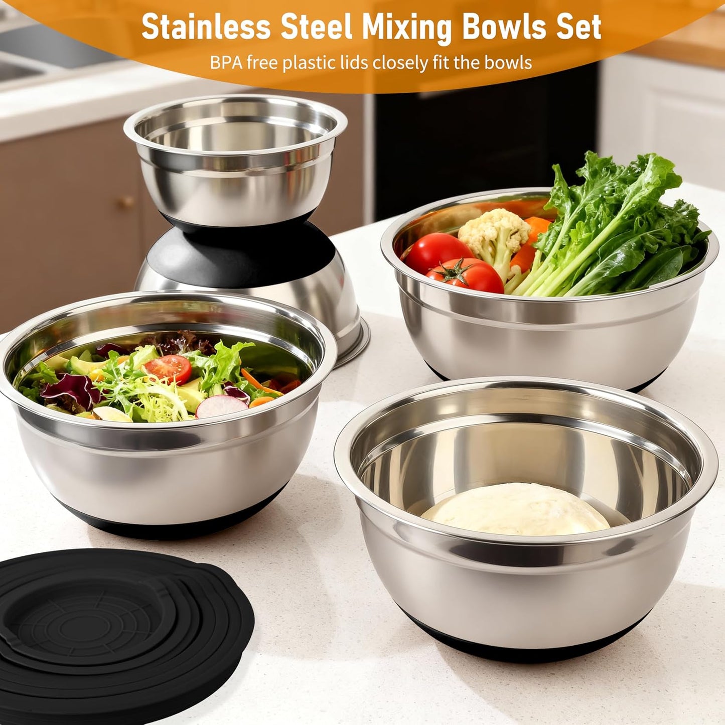 CHAREADA Mixing Bowls with Airtight Lids, 18pcs Stainless Steel Nesting Mixing Bowls Set Non-slip Silicone Bottom, Size 4.5, 3.6, 2.7, 2.1, 1.7, 1.1, 0.7 qt, Fit for Mixing & Serving(Colorful)