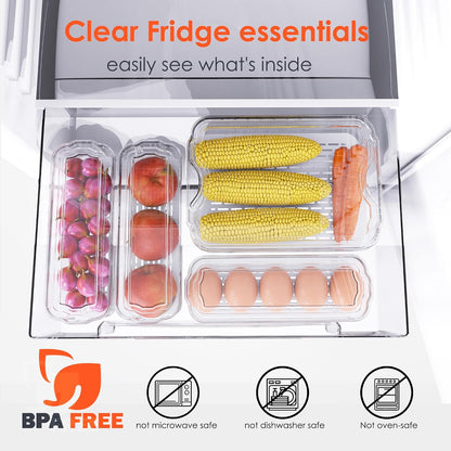 SMRCAD Fridge Organizers and Storage, Automatic Rolling Egg Holder and 6 Pack Fruit Organizer Bins with Lids for Fridge, Freezer, Refrigerator