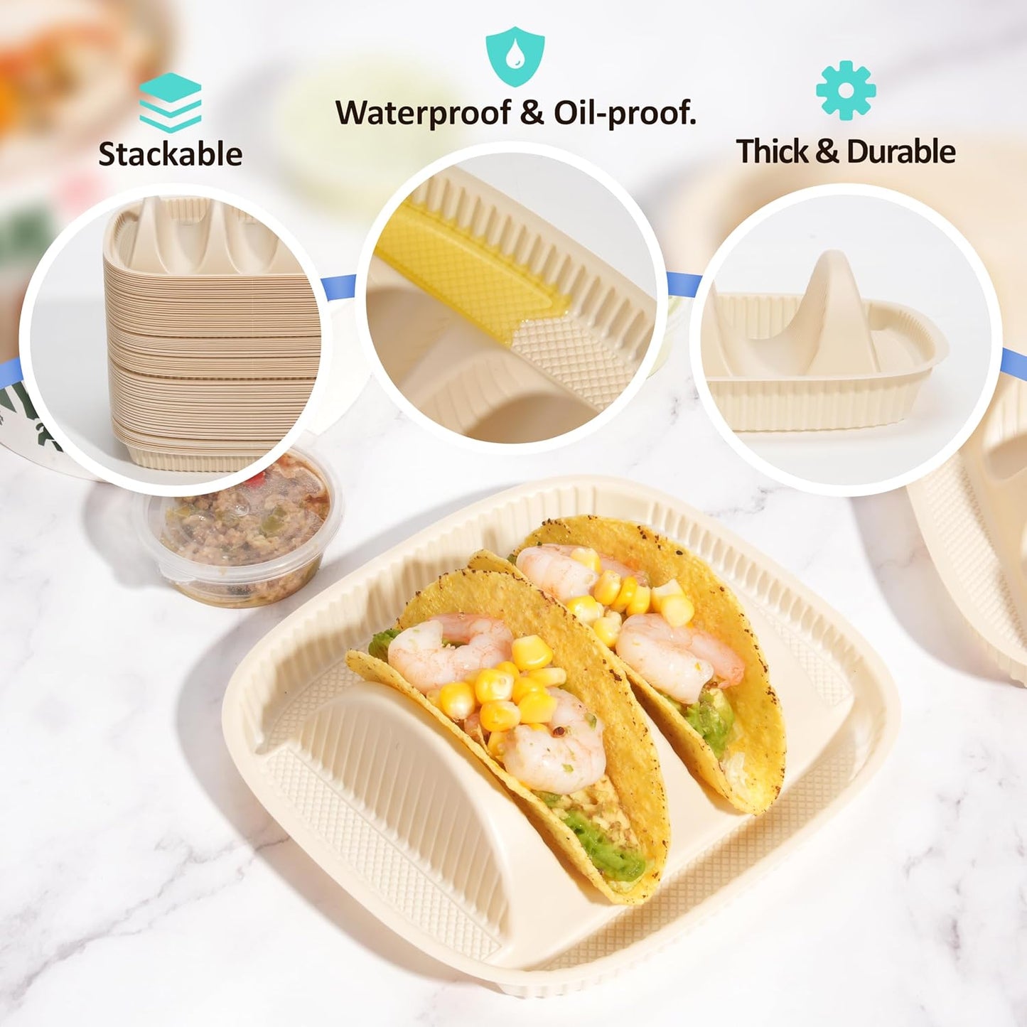 50-Pack Disposable Taco Plates for 2 Tacos & 2 Sides - For Most 4-6 IN Small Hard Shells - Biodegradable Cornstarch Holder Plates - Microwave Safe - Ideal for Fiesta, Bar, Party