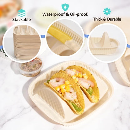 50-Pack Disposable Taco Plates for 2 Tacos & 2 Sides - For Most 4-6 IN Small Hard Shells - Biodegradable Cornstarch Holder Plates - Microwave Safe - Ideal for Fiesta, Bar, Party