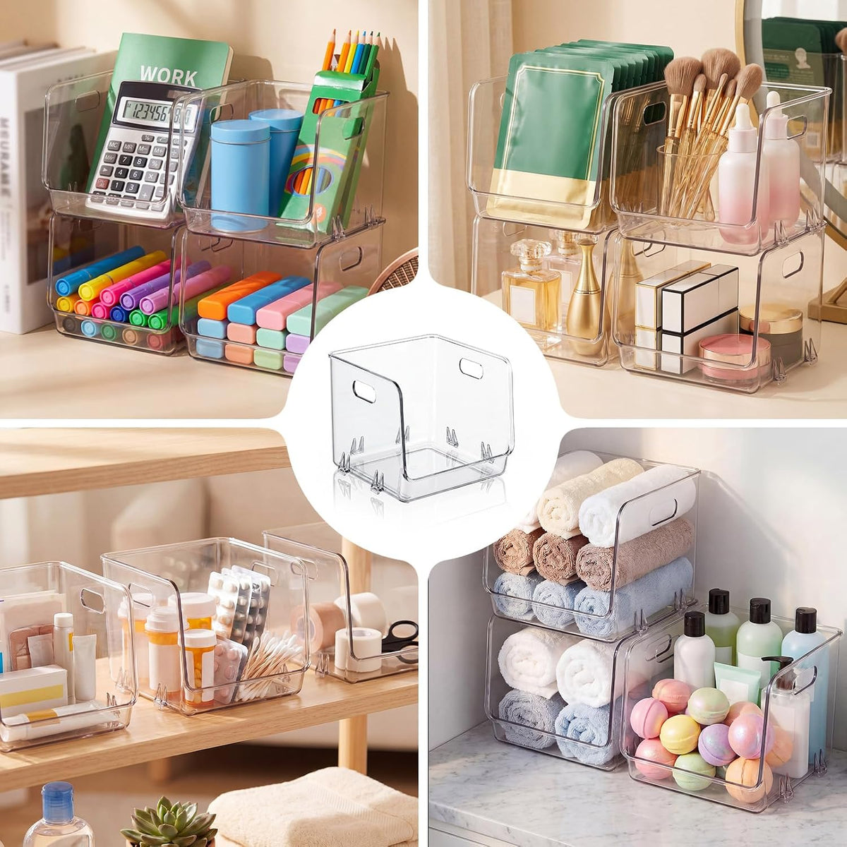 4 Pcs Clear Plastic Storage Bins Stackable Pantry Storage Organizer Kitchen Cabinet Organizers Ideal Containers for Coffee Pod Tea Sugar Bag Fridge Caddy Office