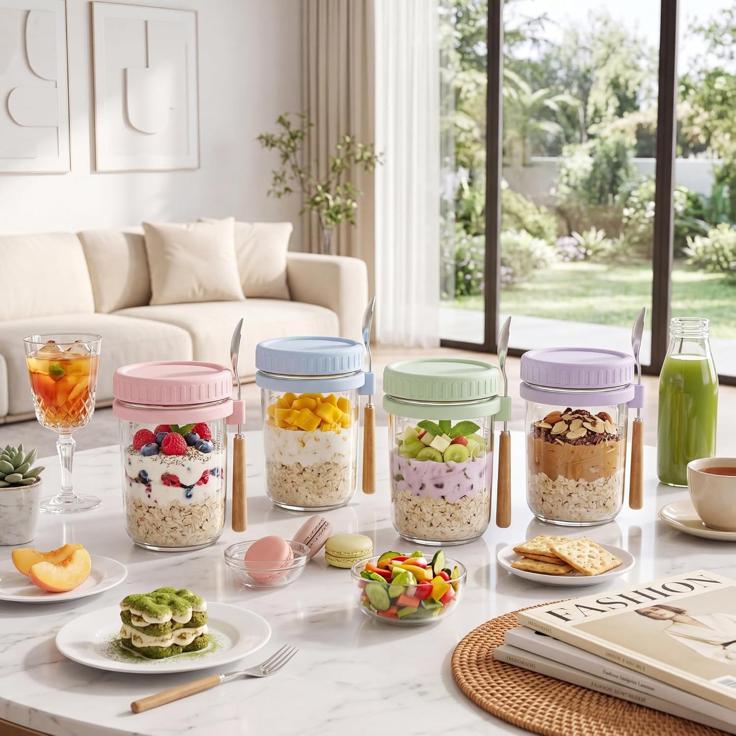 HomArtist 16oz Glass Overnight Oats Containers with Lids and Spoons, 4 Pack | Wide Mouth Glass Jars with Airtight Lids, Perfect for Chia Pudding, Yogurt, Salad & Cereal Meal Prep Storage, Food Safe