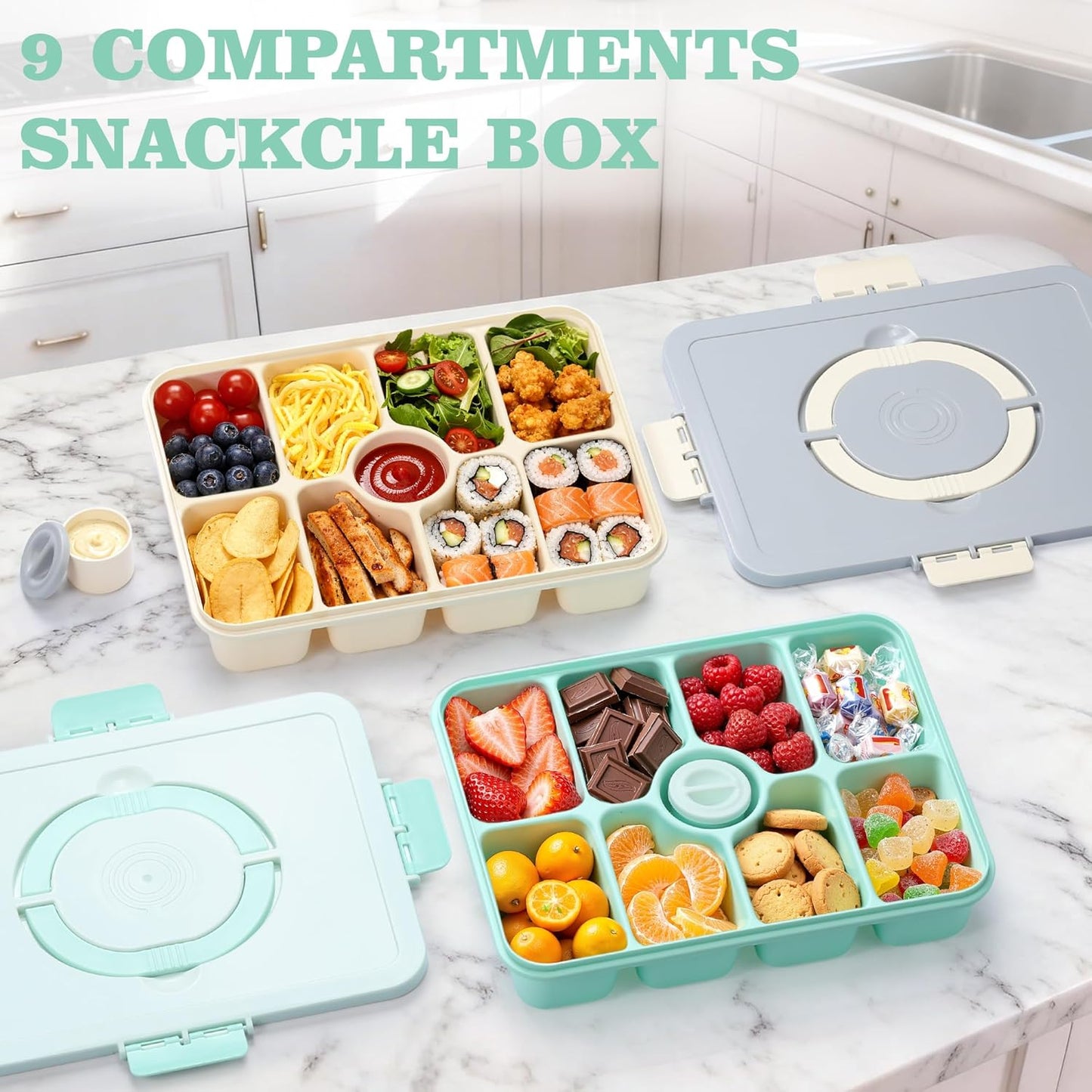 Snackle Box Container, Divided Serving Tray with Lid and Handle, 9 Compartments Snack Box Container for Adults, Portable Charcuterie Serving Platter for Candy Fruit, 9.9 Cups, White Grey