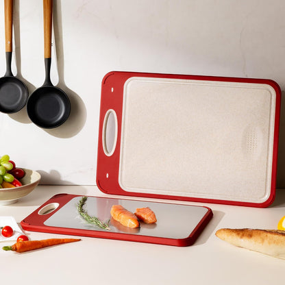 2 Packs Stainless Steel Cutting Board Set, Best Non Toxic Cutting Boards for Kitchen, Double Sided Metal Chopping Board for Meat/Fruit/Vegetables, Food Grade Kitchen Set Gift, [16”×11”+18”×12” Inch]