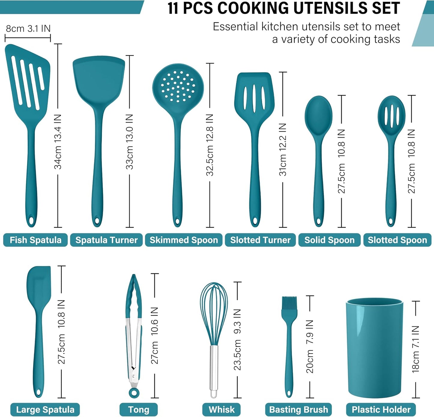 HaWare 11 PCS Silicone Cooking Utensils Set, Heat Resistant Kitchen Utensils with Holder, Food-grade Spatula Sets for Nonstick Cookware, Kitchen Tools Gadgets Include Fish Turner, Spoon (Black)