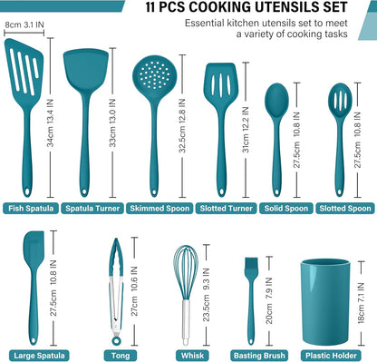 HaWare 11 PCS Silicone Cooking Utensils Set, Heat Resistant Kitchen Utensils with Holder, Food-grade Spatula Sets for Nonstick Cookware, Kitchen Tools Gadgets Include Fish Turner, Spoon (Black)