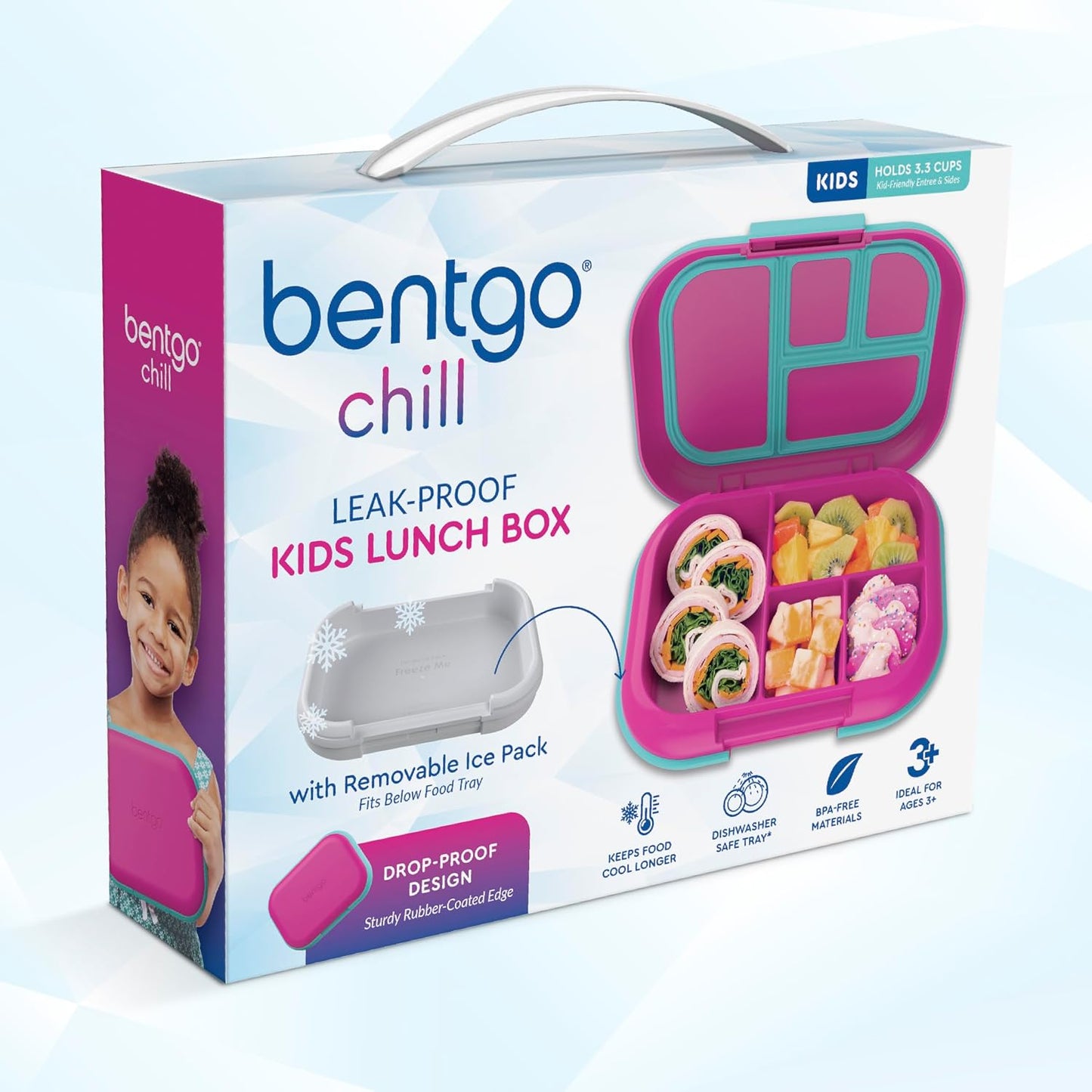Bentgo Chill Kids Leak-Proof Lunch Box - 4-Compartment Bento Box with Built-In Ice Pack, 3.3 Cup Capacity, PFAS & BPA-Free, Microwave & Dishwasher Safe, Ideal Size for Ages 3 to 7 (Truly Teal)