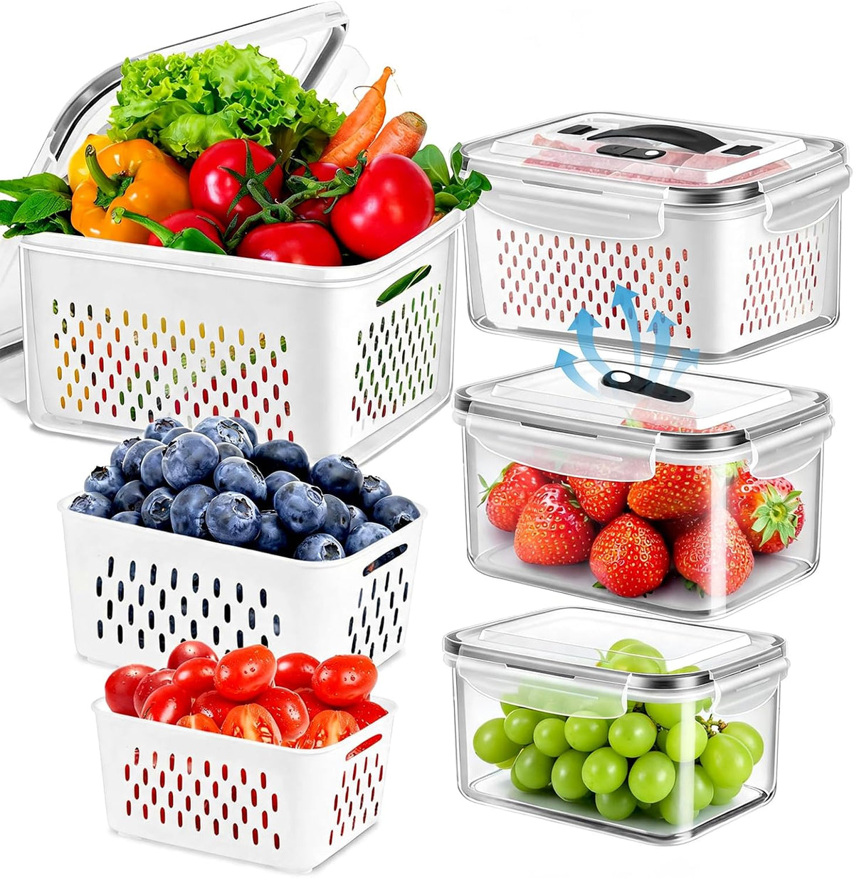 12 Pieces Fruit Storage Containers For Fridge with Removable Colanders