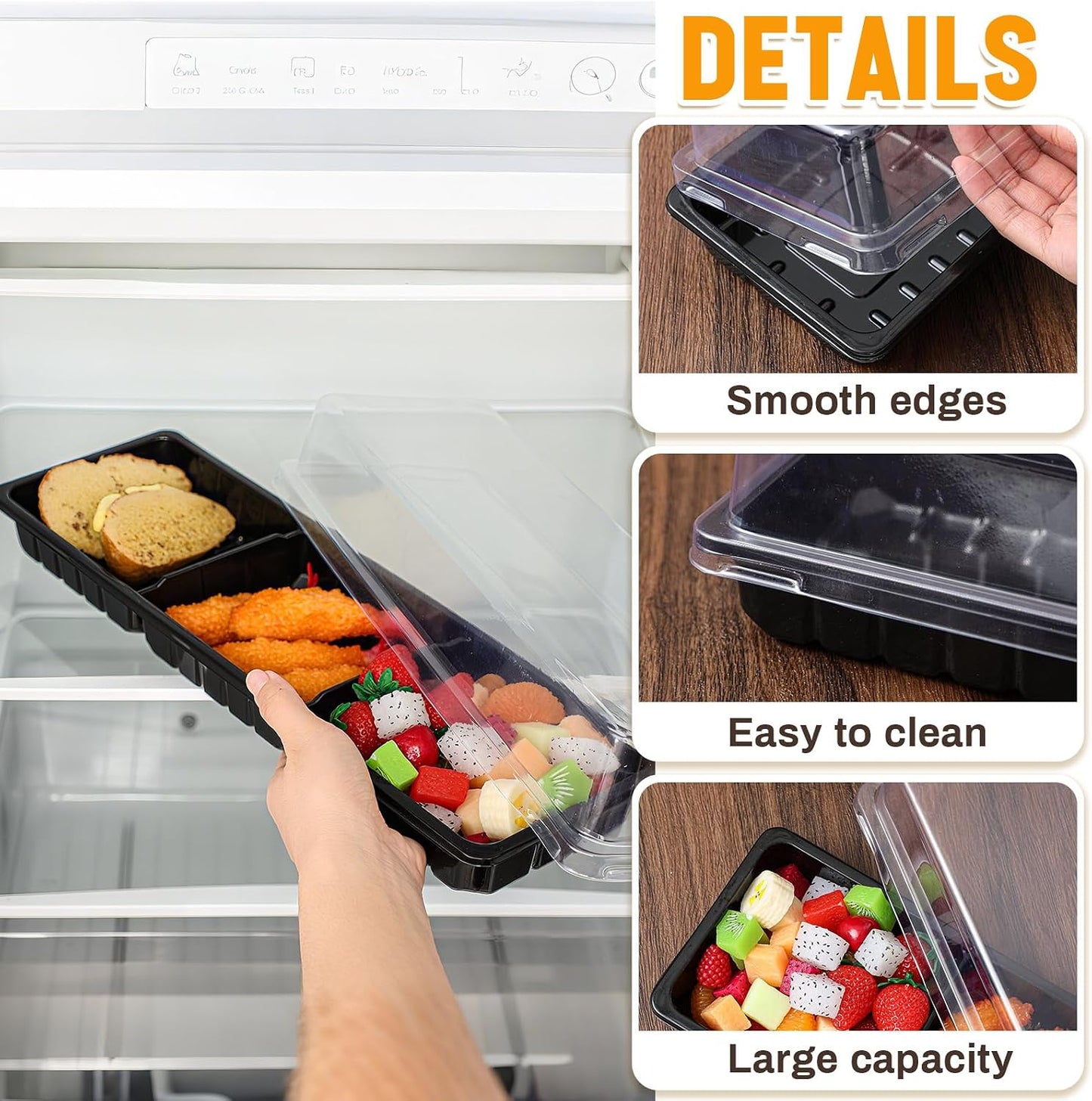 Shellwei 5 Pcs 3 Sections Rectangular Charcuterie Boards with Lid 15 x 5 in Serving Sushi Appetizer Platter Plastic Catering Divided Serving Travel Trays
