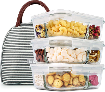 DAS TRUST 3 Pack Bento Box Glass Meal Prep Containers - 3 Compartment Glass Food Storage Containers with Lids - Lunch Box Meal Prep Bowls - Oven Safe