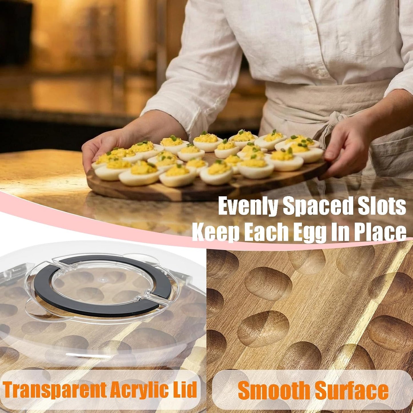 Deviled Egg Containers with Lid and Handle Portable Travel Acacia Wood Deviled Egg Platter 24 Holes Tray Holder Double-sided Use