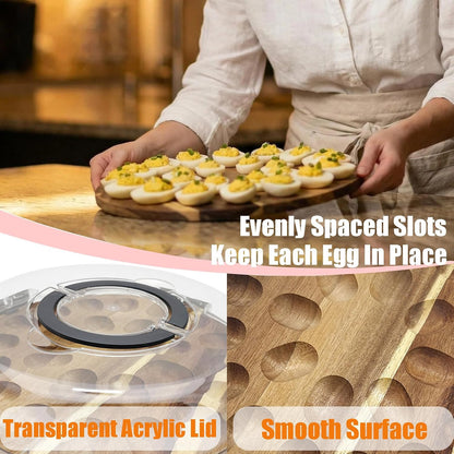 Deviled Egg Containers with Lid and Handle Portable Travel Acacia Wood Deviled Egg Platter 24 Holes Tray Holder Double-sided Use