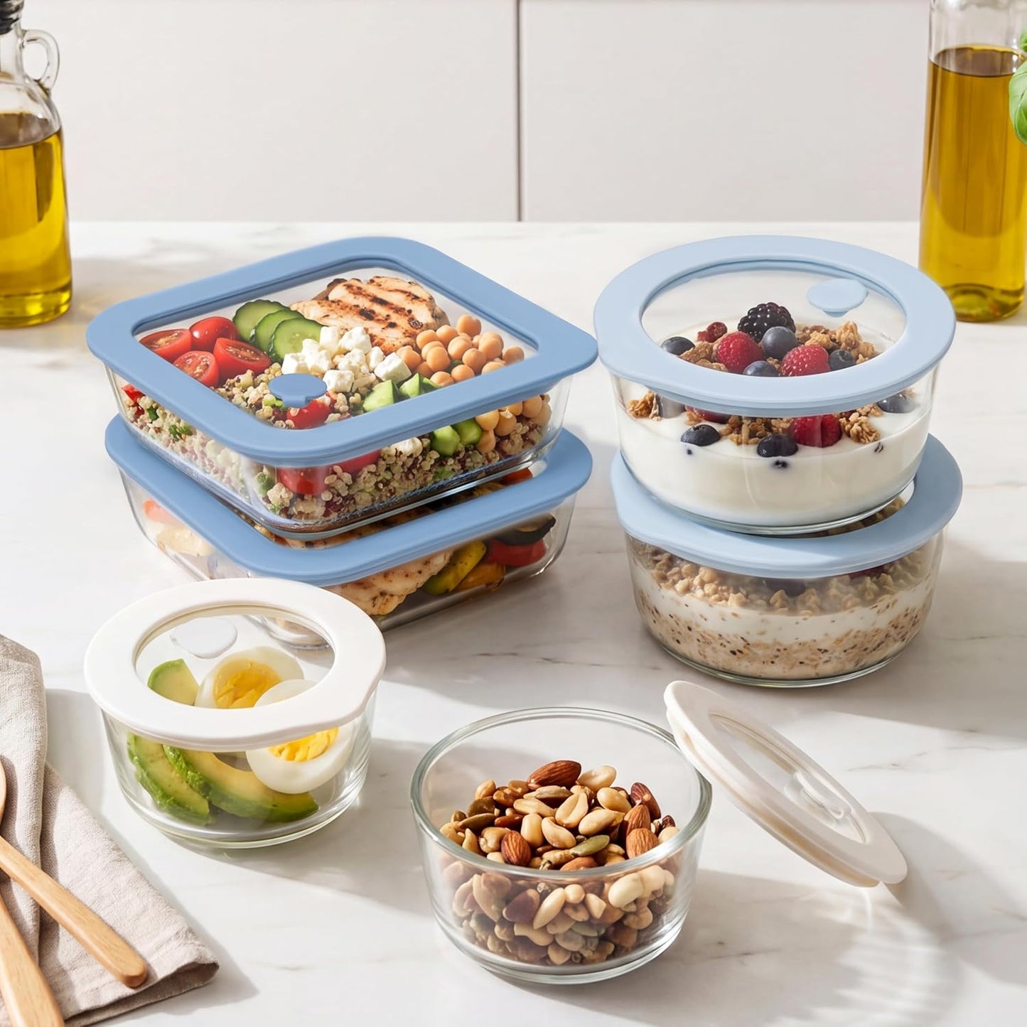 Urban Green Glass Food Container Set with Glass Lid, 5 Pack, Meal Prep Containers with Silicone Framed Airtight Lid, Leakproof, 100% Plastic Free