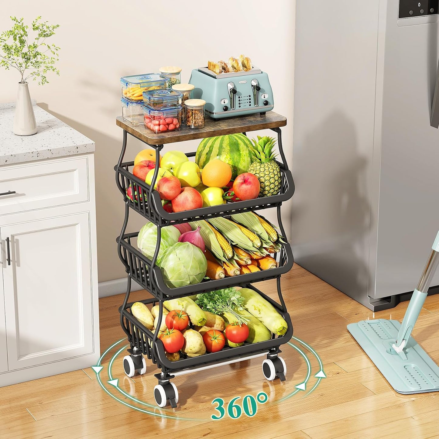 SAYZH Fruit Basket Kitchen Pantry Organizers and Storage - Wooden Top Table, Stackable Metal Wire Basket Stand Cart for Fruit Vegetable Snacks Onion Potato Organization (Black, 5 Tiers)