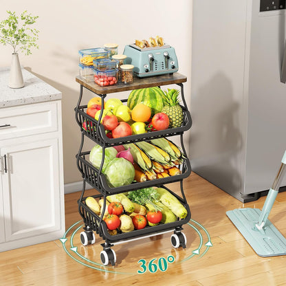 SAYZH Fruit Basket Kitchen Pantry Organizers and Storage - Wooden Top Table, Stackable Metal Wire Basket Stand Cart for Fruit Vegetable Snacks Onion Potato Organization (Black, 5 Tiers)