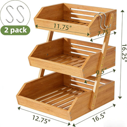 Simple Trending 3-Tier Natural Bamboo Fruit & Vegetable Basket Organizer, Ventilated Countertop Kitchen Storage with 2 Removable Banana Hooks, Sturdy for Fruits, Veggies, Snacks, Bread, Easy Assemble