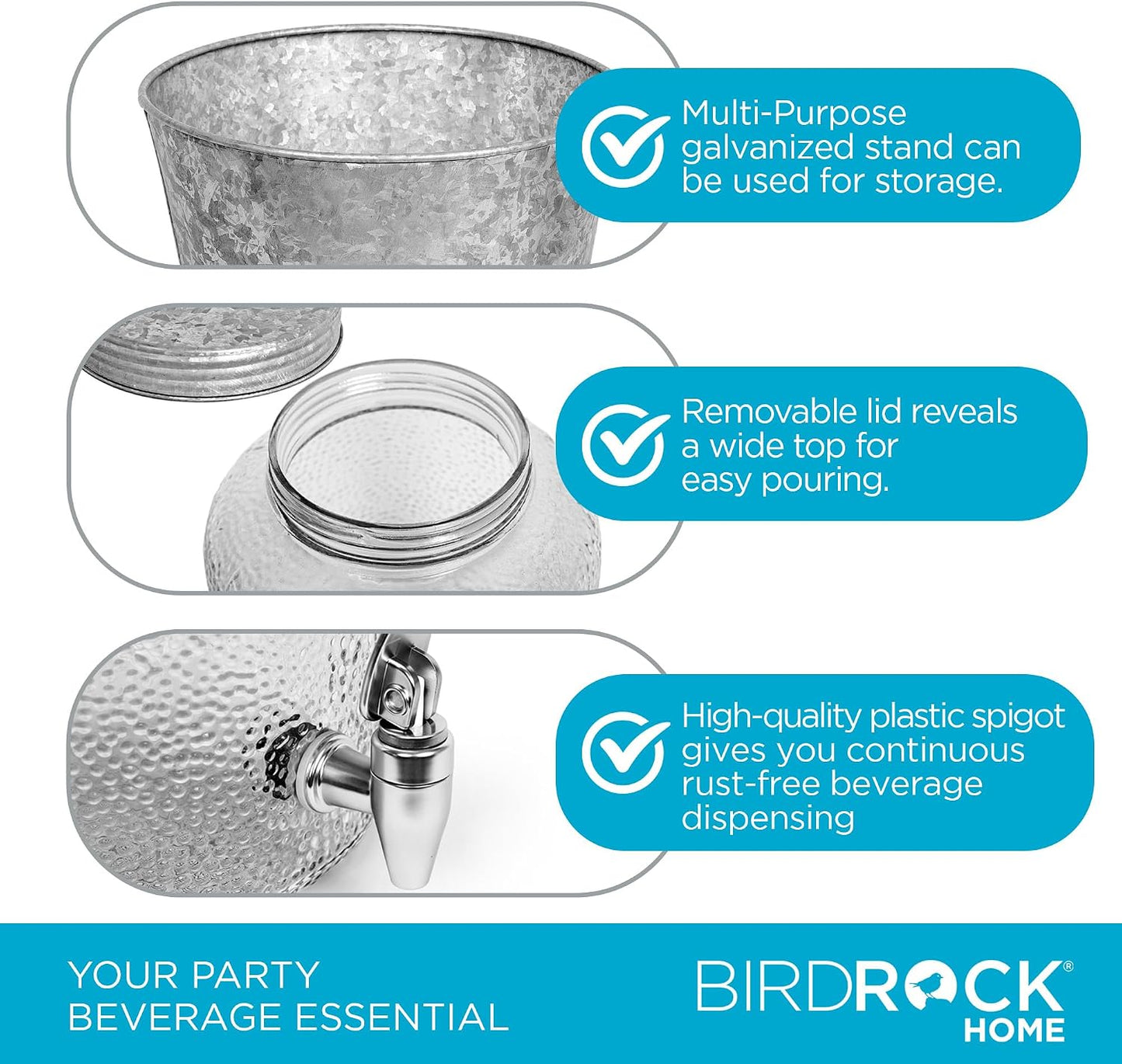 BIRDROCK HOME 2.5 Gallon Pebbled Glass Beverage Dispenser w/Galvanized Stand - Spigot - Large Jar for Water, Lemonade, Sangria, Iced Tea, Punch, Cocktail Drinks - Mason Style Jug for Parties