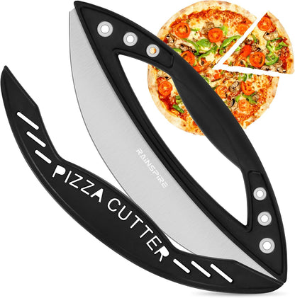 Rainspire 12" Pizza Cutter Rocker Blade Stainless Steel Pizza Rocker with Cover Sharp Blade Pizza Knife Dishwasher Safe Kitchen Gadgets Home Essentials, Black