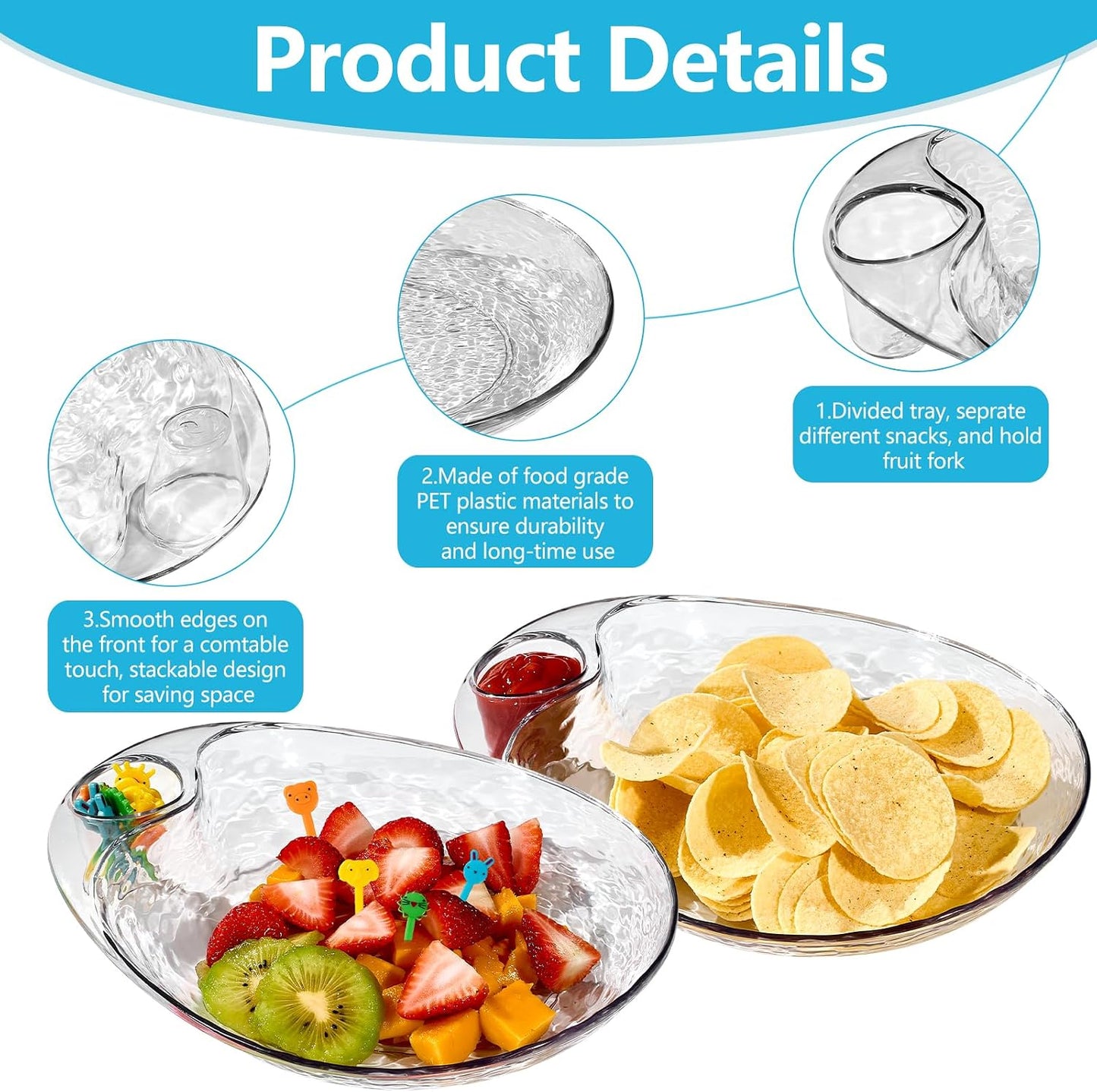 Clear Chip and Dip Serving Platter Set, 2 Pcs Fruit Plates Divided Party Trays 10'' x 8.7'' Snack Bowl Dishes, Wine Dine Appetizer Plates, Reusable BPA-free Plastic Dumpling Plate with Sauce Holder
