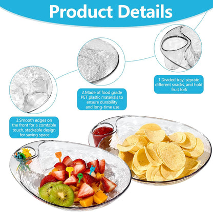 Clear Chip and Dip Serving Platter Set, 2 Pcs Fruit Plates Divided Party Trays 10'' x 8.7'' Snack Bowl Dishes, Wine Dine Appetizer Plates, Reusable BPA-free Plastic Dumpling Plate with Sauce Holder