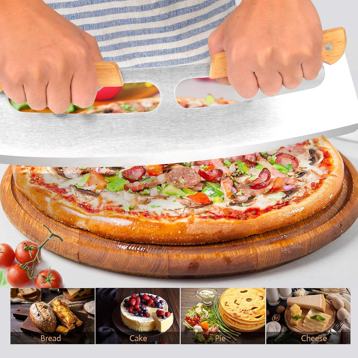 14" Pizza Cutter Rocker with Wooden Handles, Sharp Stainless Steel Pizza Slicer Knife Blade with Protective Cover, Upgrade Accessories Chopper for Pie Pizza Making Kit by Lascritta (14 inches)
